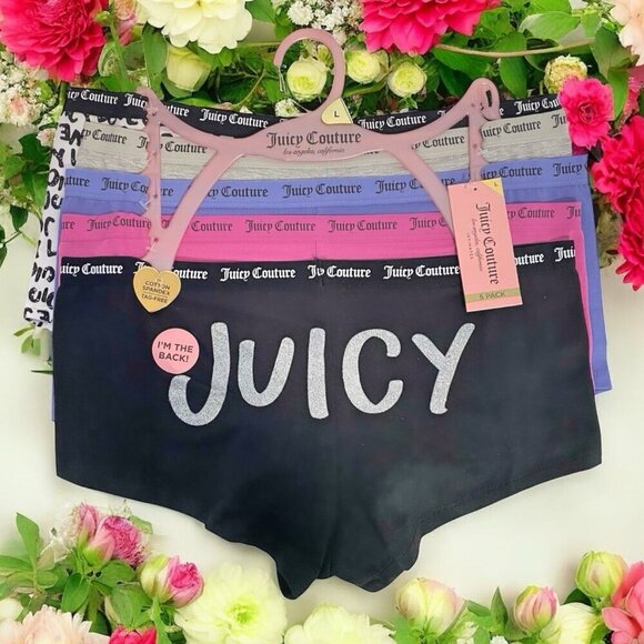 Juicy Couture Black, Gray, Pink, Purple Boy Short Hipster Panties Set NWT Size L - Picture 1 of 10